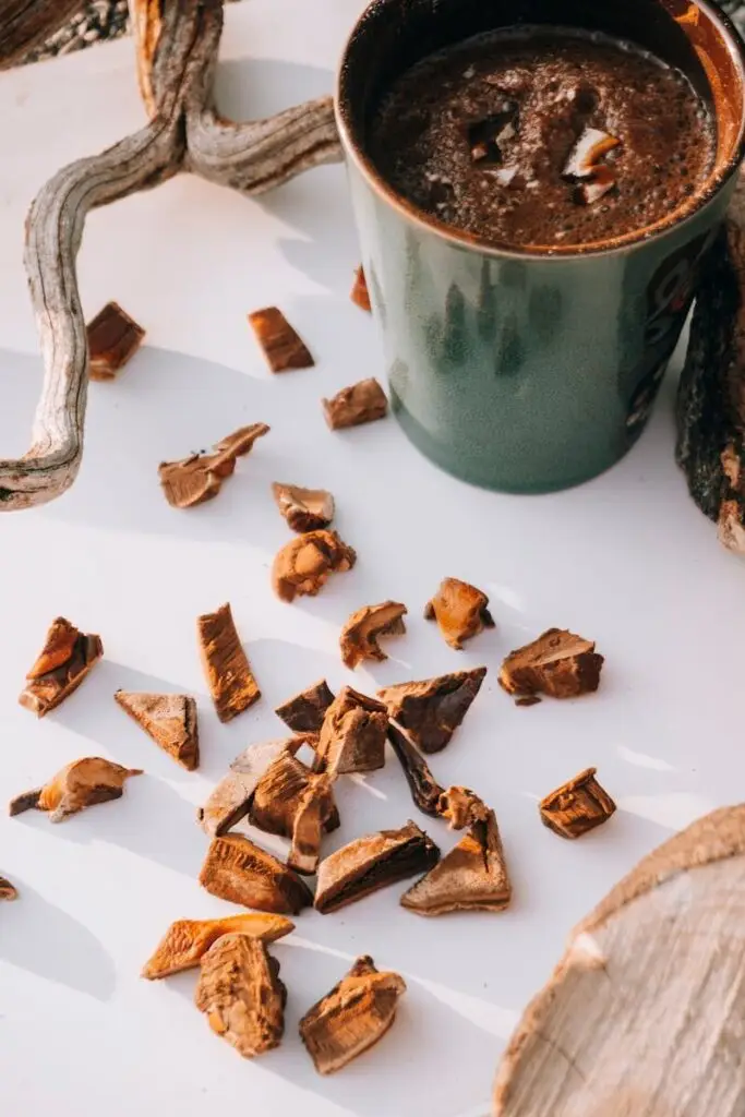 Top-down view of reishi mushroom pieces and a mug of hot drink on a wooden surface.