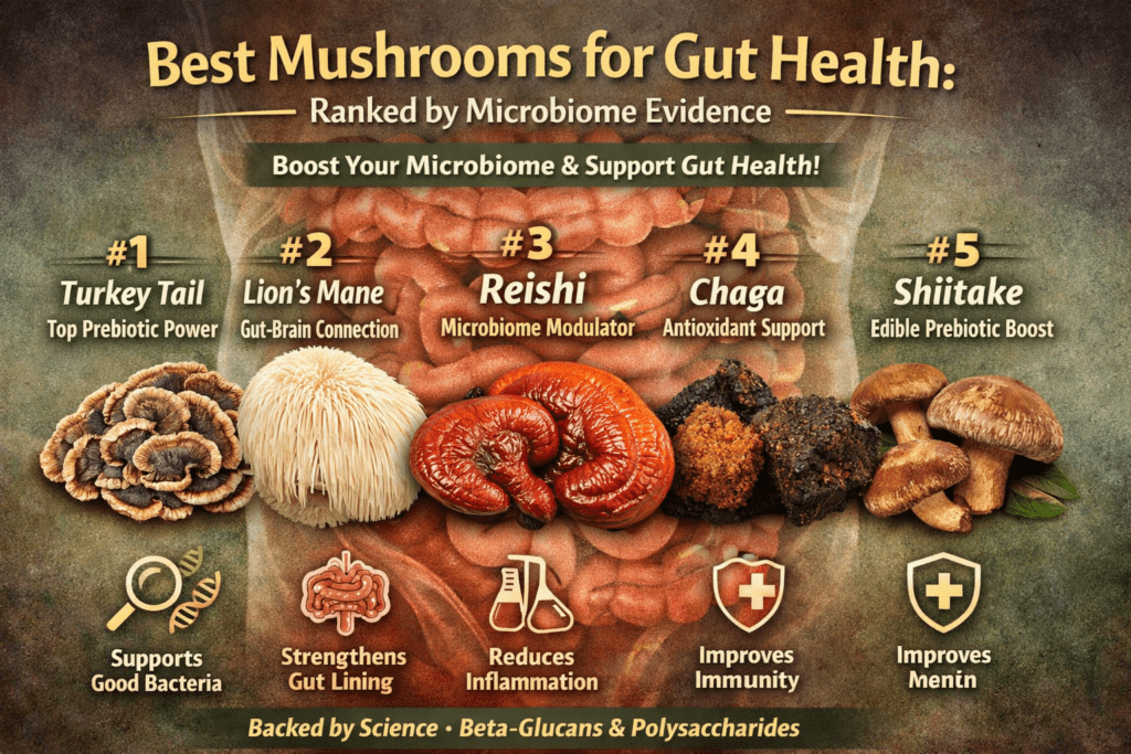 Best mushrooms for gut health, a ranked list of mushrooms, turkey tail, lions mane, reishi, chaga, and shiitake