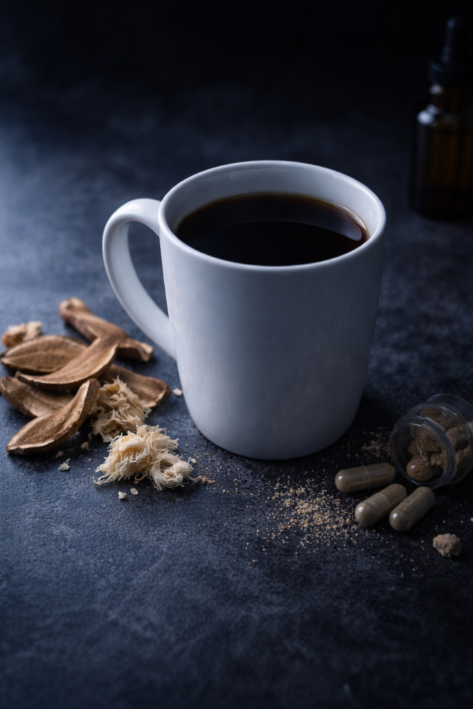 cup of coffee with mushrooms around it