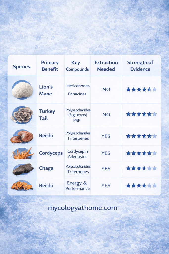 Mushroom benefit and evidence table
