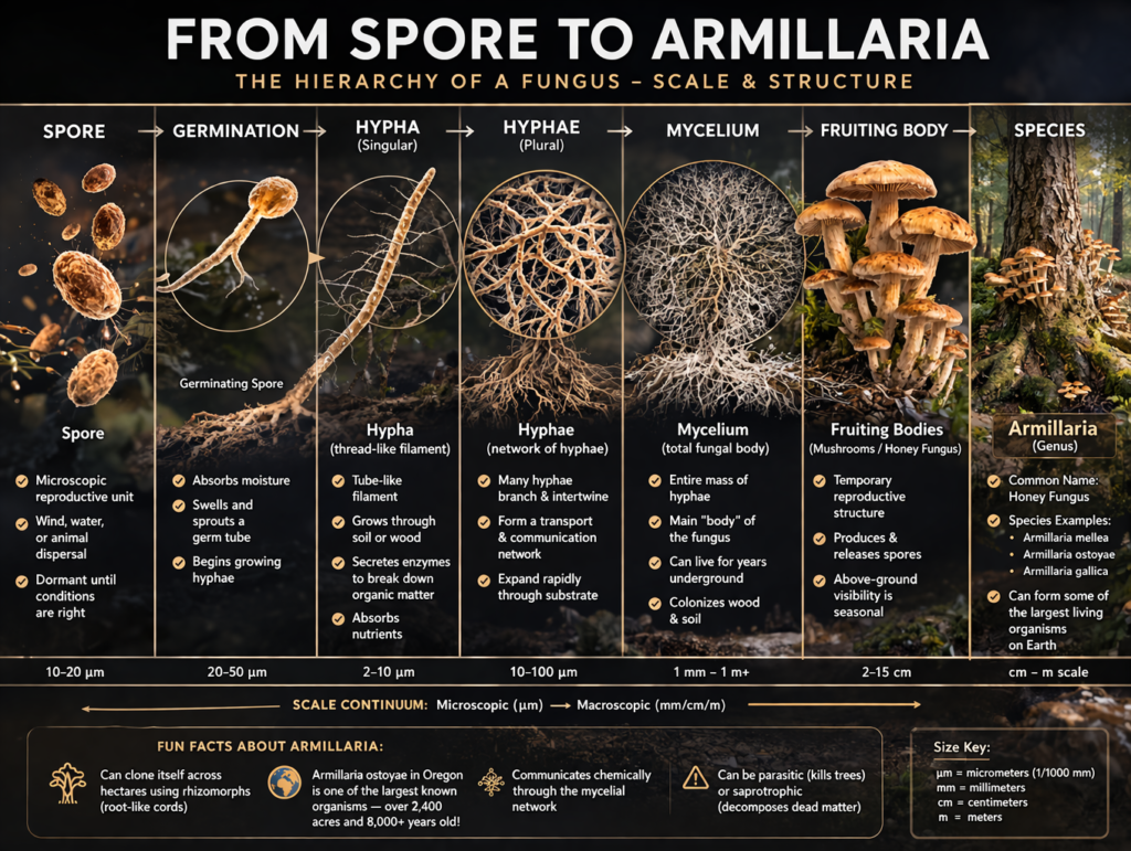 from spore to armillaria. largest fungi